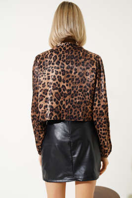 Leopar Desen Önü Bağlamalı Crop Gömlek Taba - Kadın Giyim Modelleri