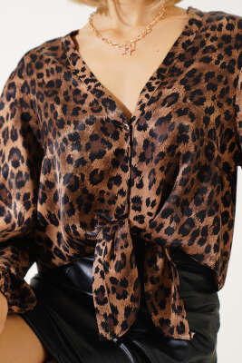 Leopar Desen Önü Bağlamalı Crop Gömlek Taba - Kadın Giyim Modelleri
