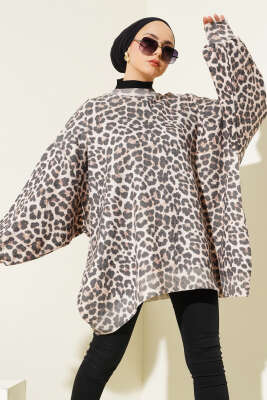 Leopar Desen Oversize Triko Tunik Bej - Triko Tunik