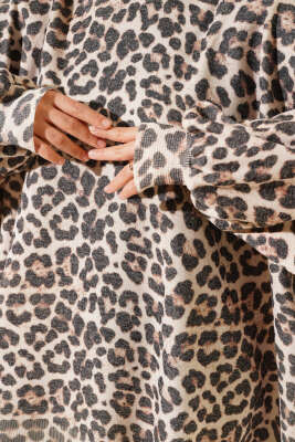 Leopar Desen Oversize Triko Tunik Bej - Triko Tunik