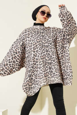 Leopar Desen Oversize Triko Tunik Bej - Tunik