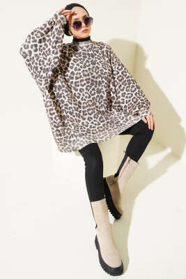 Leopar Desen Oversize Triko Tunik Bej - Tunik