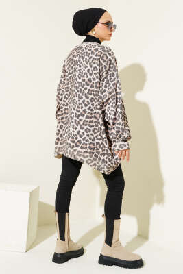 Leopar Desen Oversize Triko Tunik Bej - Tunik