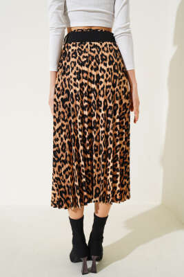 Leopar Desen Pileli Kemerli Etek Taba - Kadın Giyim Modelleri