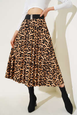 Leopar Desen Pileli Kemerli Etek Taba