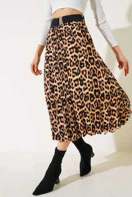 Leopar Desen Pileli Kemerli Etek Taba - Kadın Giyim Modelleri