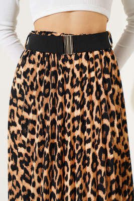Leopar Desen Pileli Kemerli Etek Taba - Kadın Giyim Modelleri