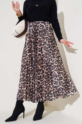Leopar Desen Pliseli Etek Camel - SÜMEYYE TEKSTİL