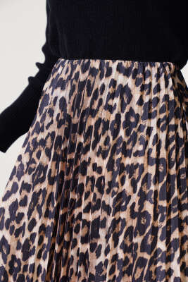 Leopar Desen Pliseli Etek Camel - Uzun Etek
