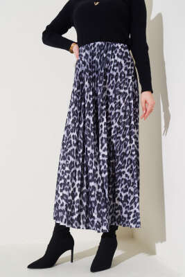 Leopar Desen Pliseli Etek Gri - Uzun Etek