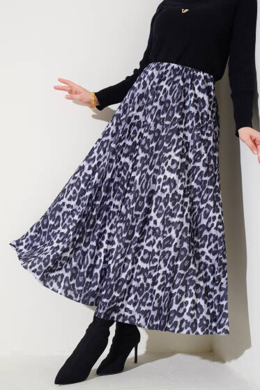 Leopar Desen Pliseli Etek Gri - Uzun Etek