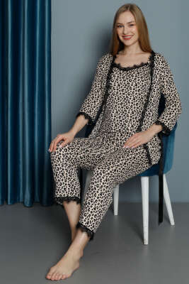 Leopar Desen Sabahlıklı 3'lü Pijama Takımı Leopar