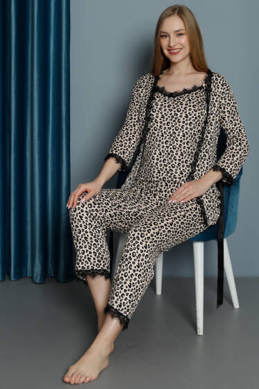 Leopar Desen Sabahlıklı 3'lü Pijama Takımı Leopar - Kadın Pijama Takımı