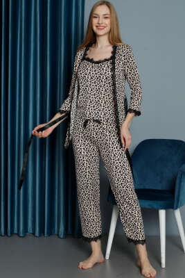 Leopar Desen Sabahlıklı 3'lü Pijama Takımı Leopar - Pijama & Gecelik
