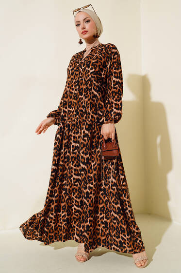 Leopar Desen Salaş Elbise Camel - Elbise