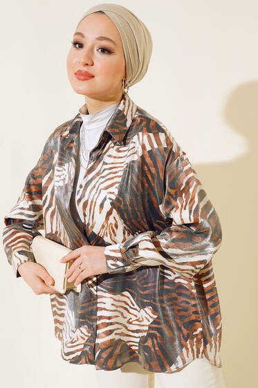 Leopar Desen Saten Gömlek Kahve - Gömlek