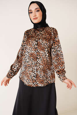 Leopar Desen Saten Gömlek Kiremit - Gömlek