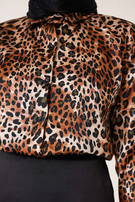 Leopar Desen Saten Gömlek Kiremit - Gömlek