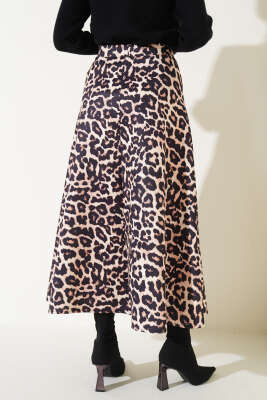 Leopar Desen Scuba Etek Camel - Uzun Etek