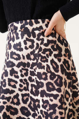 Leopar Desen Scuba Etek Camel - Uzun Etek