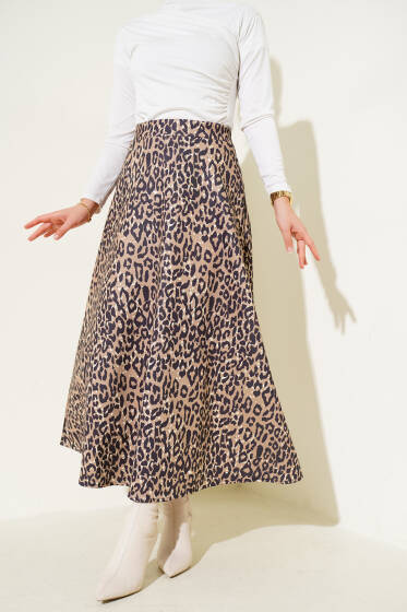 Leopar Desen Scuba Etek Latte - Uzun Etek