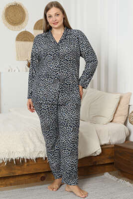 Leopar Desen Süet Büyük Beden Pijama Takım Mavi 