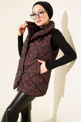 Leopar Desen Taşlı Kapitone Yelek Kahve - FEVERAN