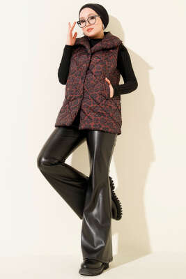 Leopar Desen Taşlı Kapitone Yelek Kahve - Yelek