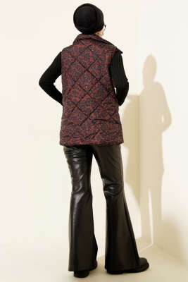 Leopar Desen Taşlı Kapitone Yelek Kahve - Yelek