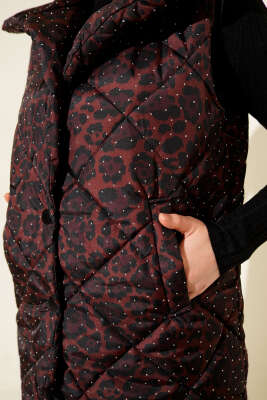 Leopar Desen Taşlı Kapitone Yelek Kahve - Yelek