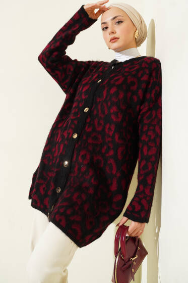 Leopar Desen Triko Düğmeli Hırka Bordo - Hırka
