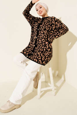 Leopar Desen Triko Düğmeli Hırka Camel - Hırka