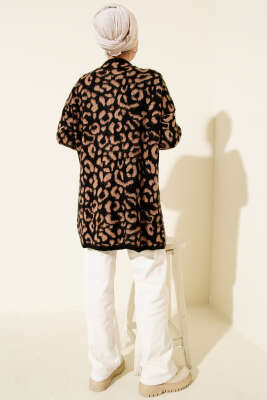 Leopar Desen Triko Düğmeli Hırka Camel - Hırka