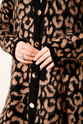 Leopar Desen Triko Düğmeli Hırka Camel - Yılın Fırsatı