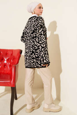 Leopar Desen Triko Düğmeli Hırka Ekru - Hırka