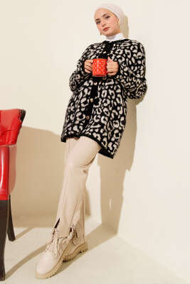 Leopar Desen Triko Düğmeli Hırka Ekru 