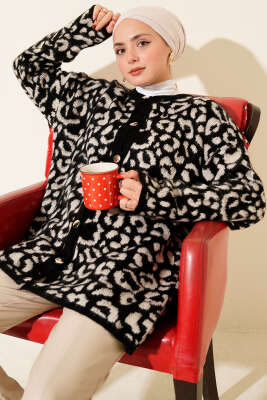 Leopar Desen Triko Düğmeli Hırka Ekru - Yılın Fırsatı