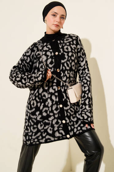 Leopar Desen Triko Düğmeli Hırka Gri - Hırka