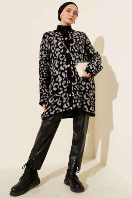 Leopar Desen Triko Düğmeli Hırka Gri - Hırka