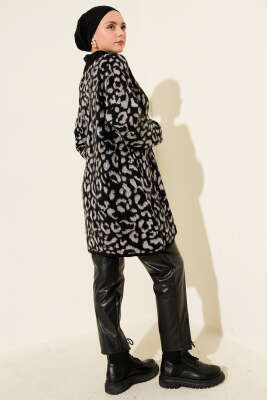Leopar Desen Triko Düğmeli Hırka Gri - Hırka