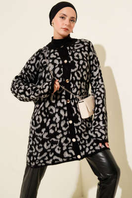 Leopar Desen Triko Düğmeli Hırka Gri 