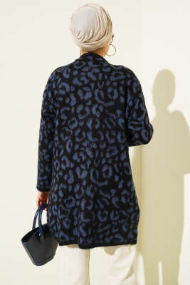 Leopar Desen Triko Düğmeli Hırka Lacivert - Yılın Fırsatı