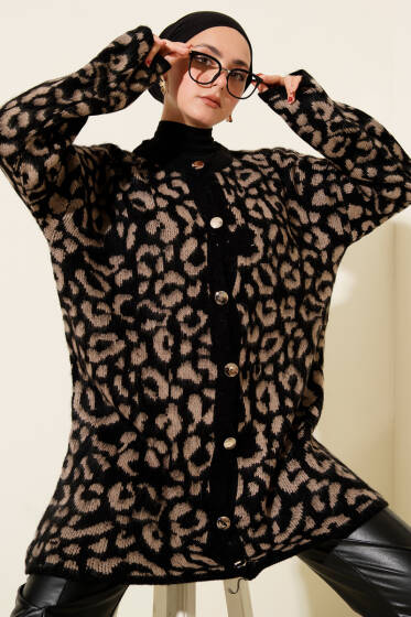 Leopar Desen Triko Düğmeli Hırka Latte - Yılın Fırsatı