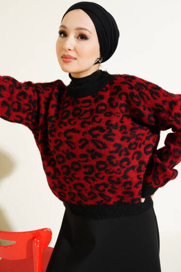 Leopar Desen Triko Kazak Bordo - Triko Kazak