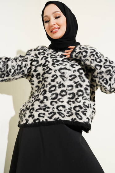 Leopar Desen Triko Kazak Ekru - Triko Kazak