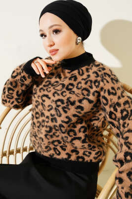 Leopar Desen Triko Kazak Latte 