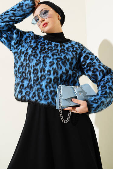 Leopar Desen Triko Kazak Mavi - Triko Kazak