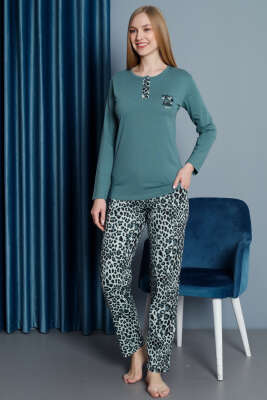 Leopar Desen Uzun Kol Pijama Takım Çağla Yeşili - Kadın Pijama Takımı