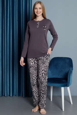 Leopar Desen Uzun Kol Pijama Takım Füme - Kadın Pijama Takımı
