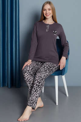 Leopar Desen Uzun Kol Pijama Takım Füme - Kadın Pijama Takımı
